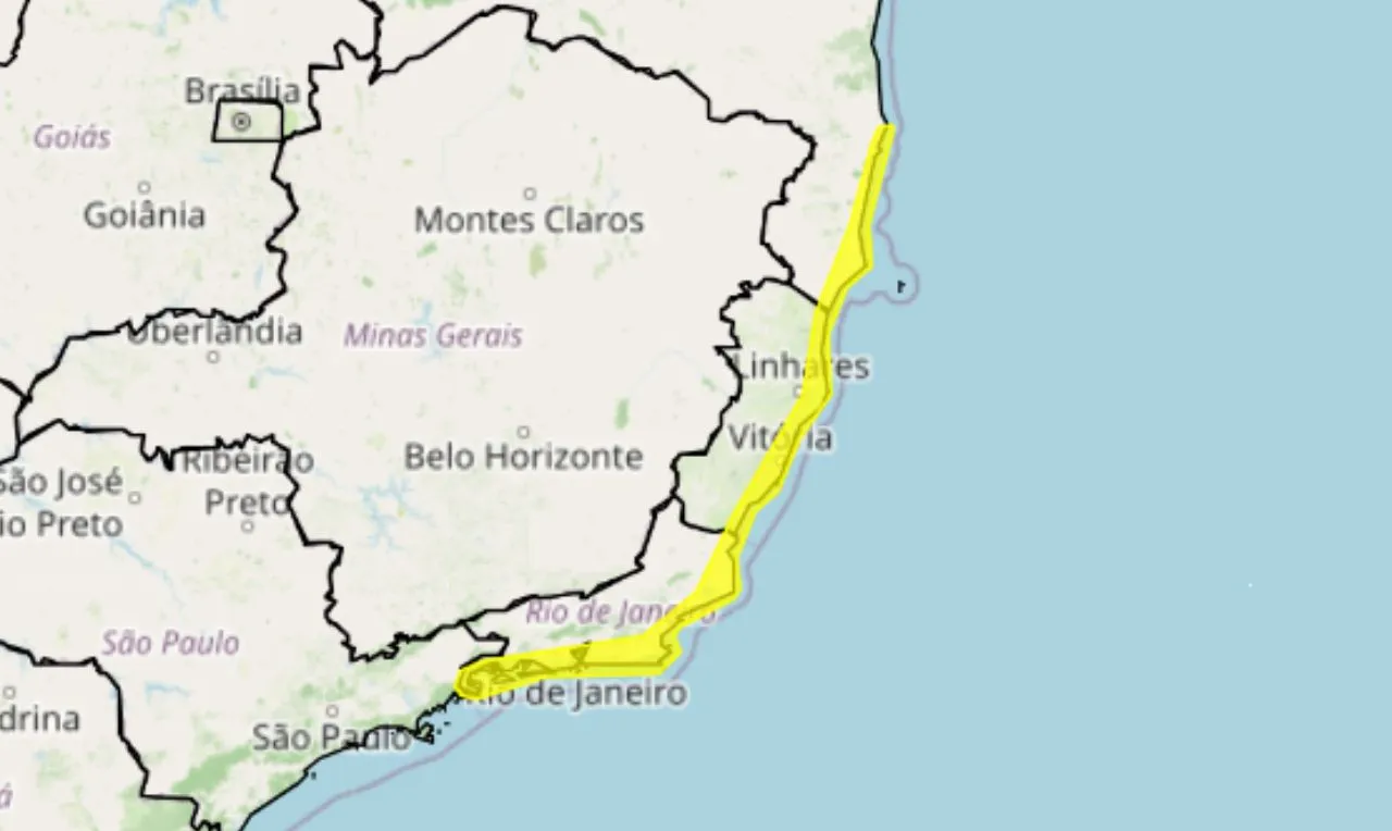 O mapa mostra as &aacute;reas em alerta para ventos costeiros fortes